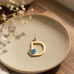Golden Initial “D” Pendant with Earth Heart Charm 1.77 Grams, 18KT Gold