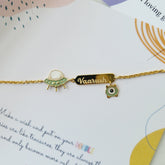"Out of This World" Alien & Spaceship Name Bracelet 3.5 grams, 18kt gold