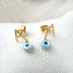 Evil Eye & Initial Studs 1.5 Grams, 18KT Gold