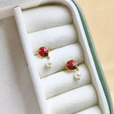 Ladybug Pearl Drop Earrings 1.37 Grams, 18KT Gold