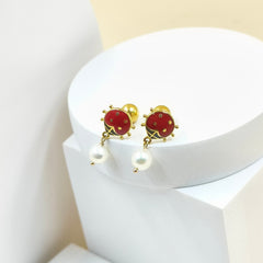 Ladybug Pearl Drop Earrings 1.37 Grams, 18KT Gold