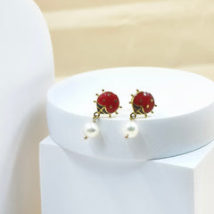 Ladybug Pearl Drop Earrings 1.37 Grams, 18KT Gold