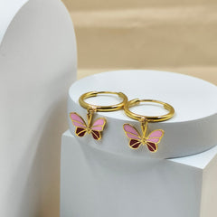 Pink Butterfly Hoop Earrings 2.7 Grams, 18KT Gold