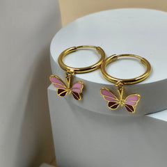 Pink Butterfly Hoop Earrings 2.7 Grams, 18KT Gold