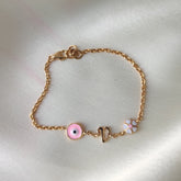 Pink Evil Eye & Daisy Initial Bracelet 2.69 Grams, 18KT Gold