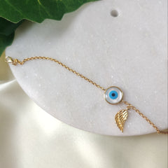 Blue Evil Eye with Angel Wing Bracelet 2.75 Grams, 18KT Gold