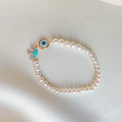 Aqua Evil Eye Pearl Bracelet 0.75 Grams, 18KT Gold