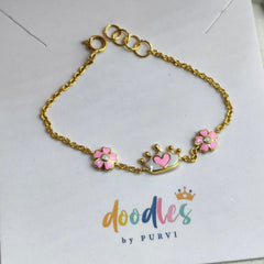 Crown & Pink Flower Bracelet 2.22 Grams, 18KT Gold