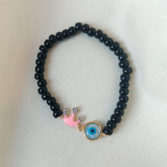 Crown Evil Eye Black Beads Bracelet 0.5 Grams, 18KT Gold