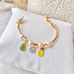 Tropical Pearl Charm Bangle 3.69 Grams, 18KT Gold