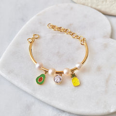 Tropical Pearl Charm Bangle 3.69 Grams, 18KT Gold