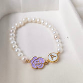 Pearl Bracelet with Flower & Initial Charm 1.5 Grams, 18KT Gold