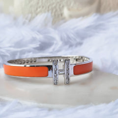 Hermès Inspired Orange Enamel Bracelet 22.1 Grams, Silver