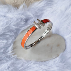 Hermès Inspired Orange Enamel Bracelet 22.1 Grams, Silver