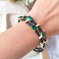 Emerald Charm Dual Strap Bracelet 12.9 Grams, Silver