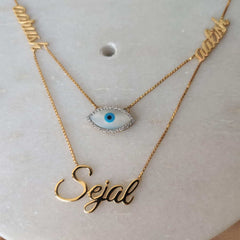 3 Name Chain With Eye Shape Evil Eye 9.3 Grams, 18KT Gold