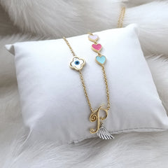 Initial with Angel Wing, Evil Eye, and Colorful Hearts Chain 8 Grams, 18KT Gold