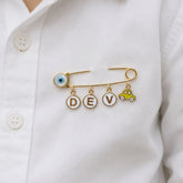 Personalised Baby Name Pin with Evil Eye and Car Charm 3.6gm 18Kt