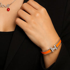 Hermès Inspired Orange Enamel Bracelet 22.1 Grams, Silver