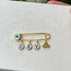 Personalised Baby Name Pin with Evil Eye and Car Charm 3.6gm 18Kt