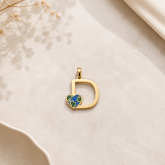 Golden Initial “D” Pendant with Earth Heart Charm 1.77 Grams, 18KT Gold