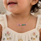 Ruhaani Customised Name Necklace in Gold | Custom Enamel Name Pendant with Pearl Shell Charm 5.4 Grams, 18KT Gold