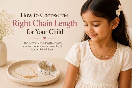 Child wearing a personalized gold name necklace, illustrating how to choose the right chain length for kids.