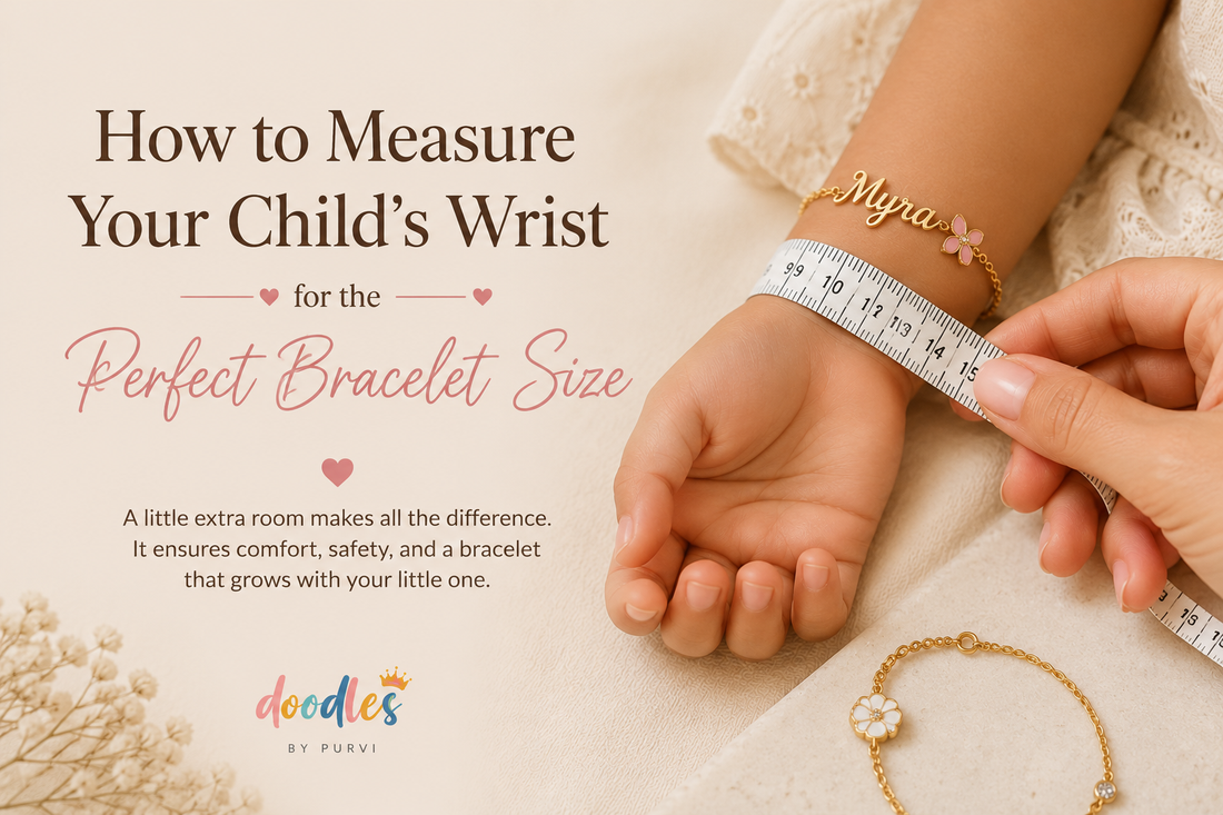 Parent measuring a child's wrist with a tape measure to find the perfect gold bracelet size.