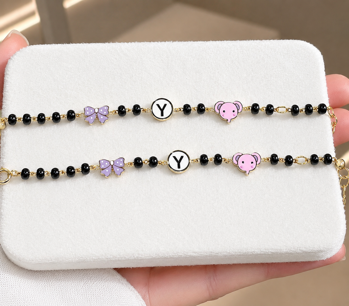 Custom Initial Baby Girl Nazariya | Cute Purple Ribbon & Elephant Nazariya For Baby Girl 4.59 Grams a Pair , 18KT Gold