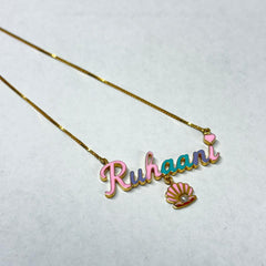 Ruhaani Customised Name Necklace in Gold | Custom Enamel Name Pendant with Pearl Shell Charm 5.4 Grams, 18KT Gold
