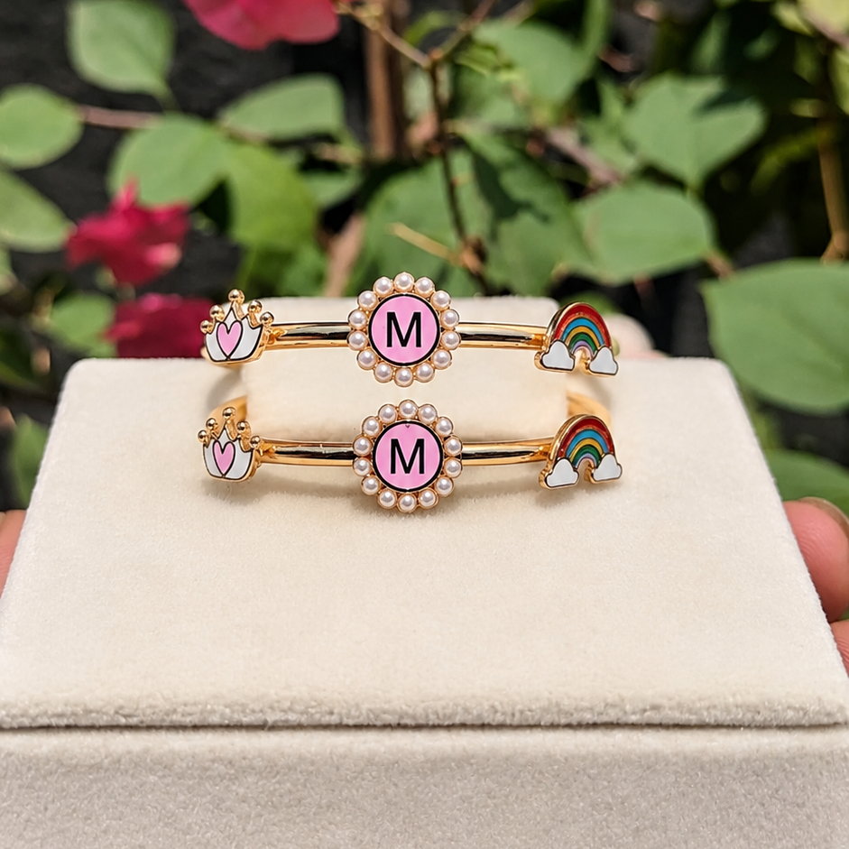 Personalized Rainbow Initial And Crown Kada for Kids 18KT Gold 10.73 Grams For A Pair