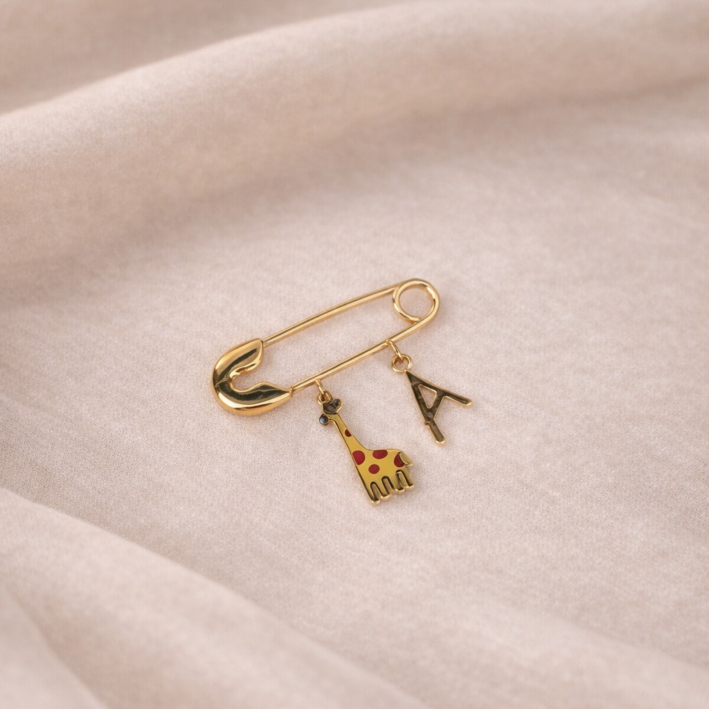 Personalised Baby Safety Pin Brooch with Initial & Giraffe Charm 1.74 Grams, 18KT Gold