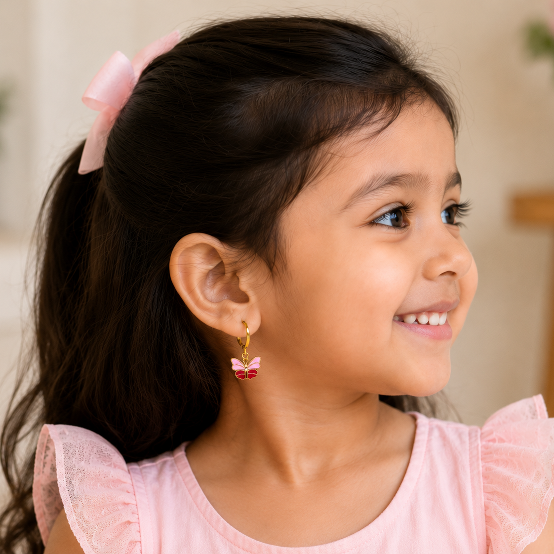 Pink Butterfly Gold Hoop Earrings for Girls 2 grams , 18kt gold