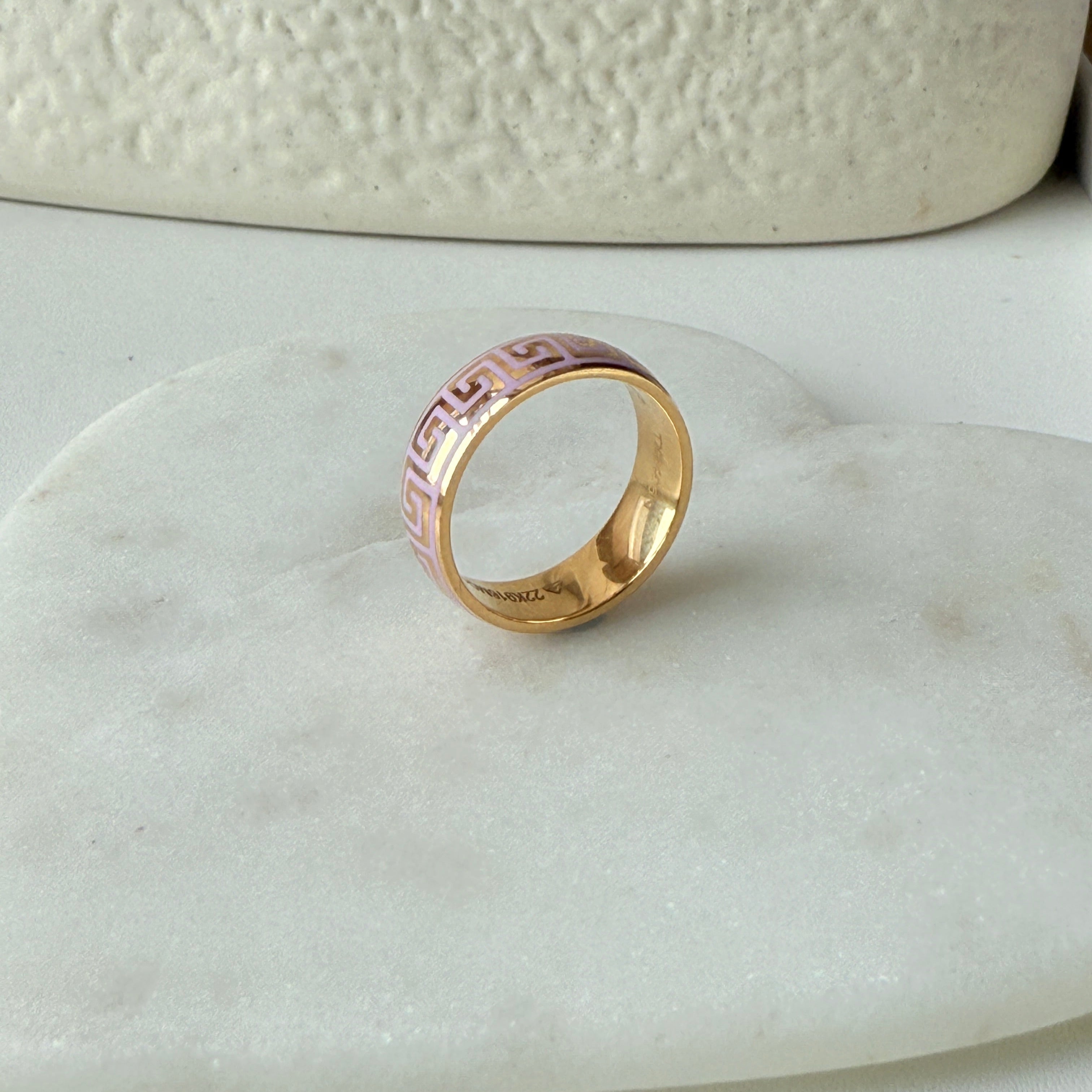 Pink Enamel Greek Key Ring 6.4 Grams, 22KT Gold