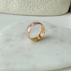 Pink Enamel Greek Key Ring 6.4 Grams, 22KT Gold