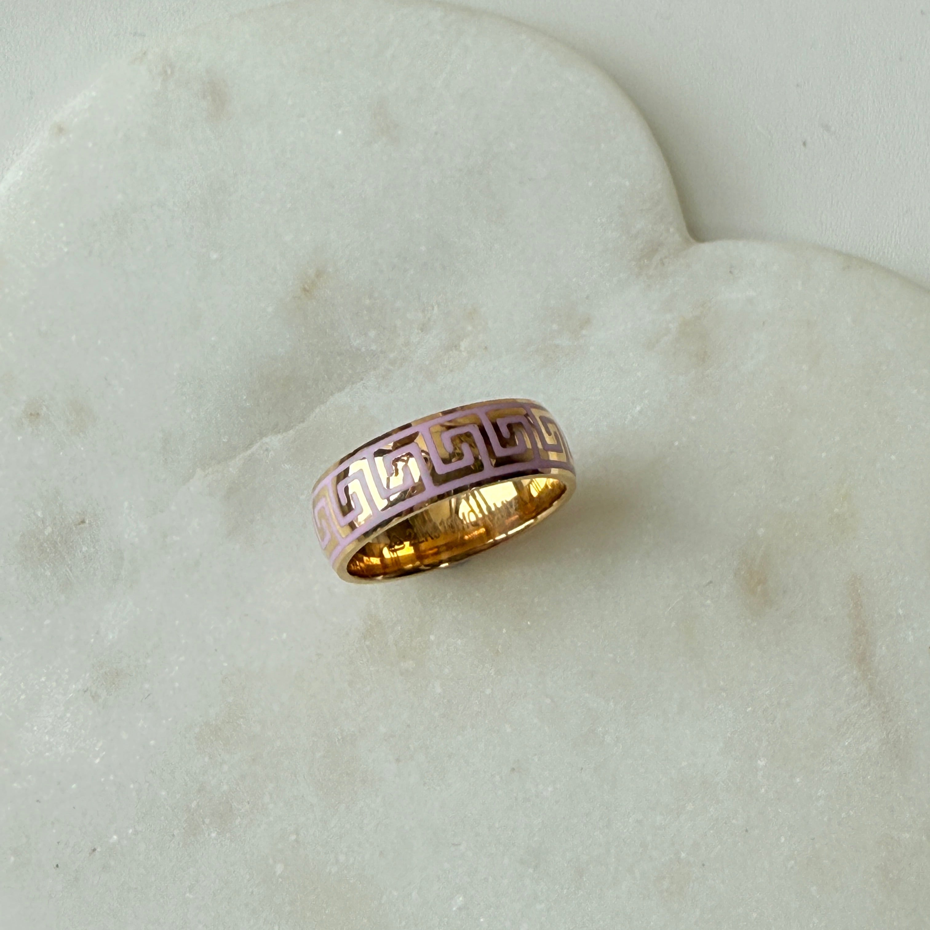 Pink Enamel Greek Key Ring 6.4 Grams, 22KT Gold