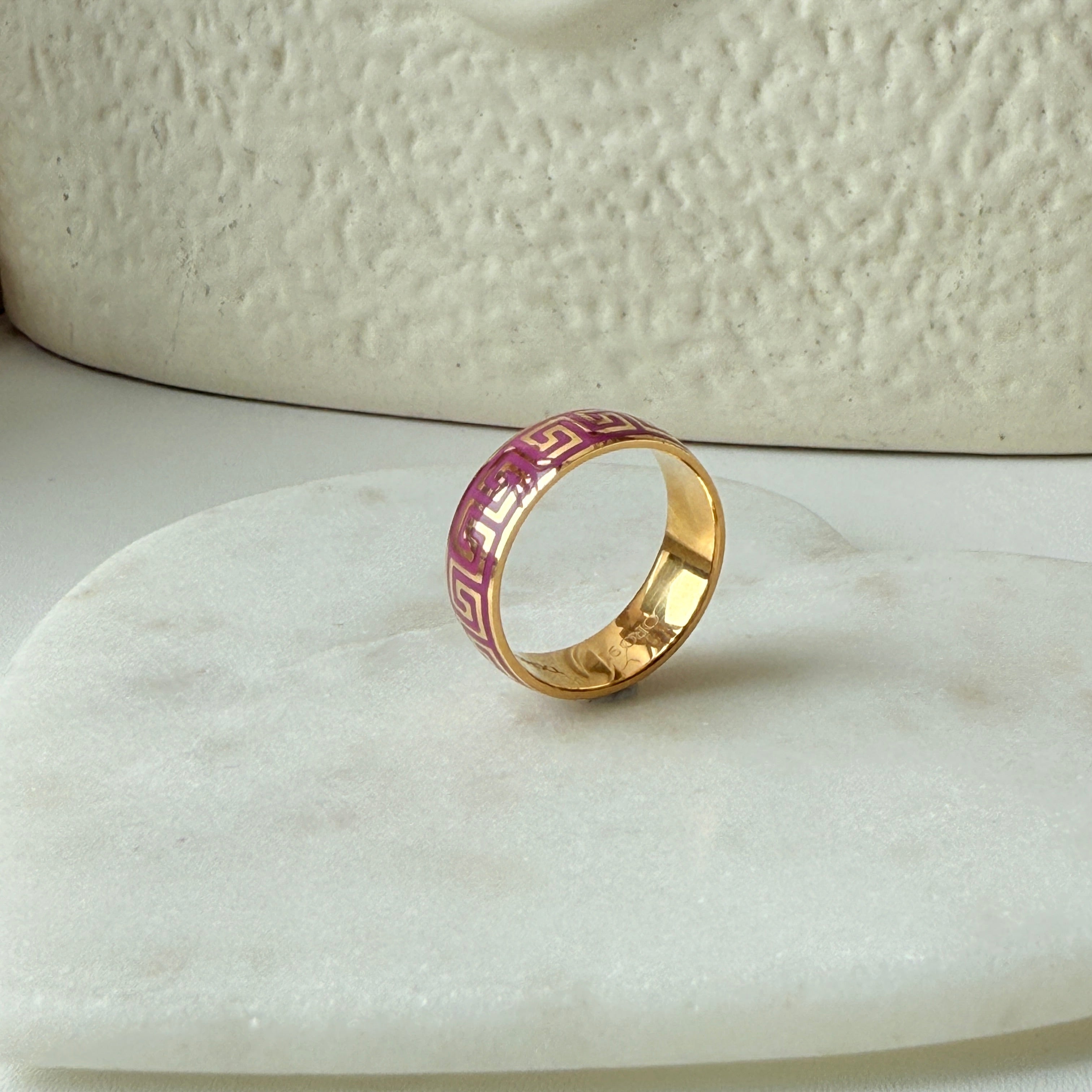 Magenta Enamel Greek Key Ring 5.72 Grams, 22KT Gold