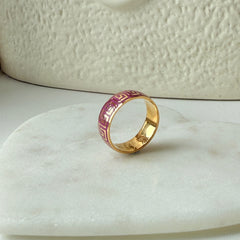 Magenta Enamel Greek Key Ring 5.72 Grams, 22KT Gold