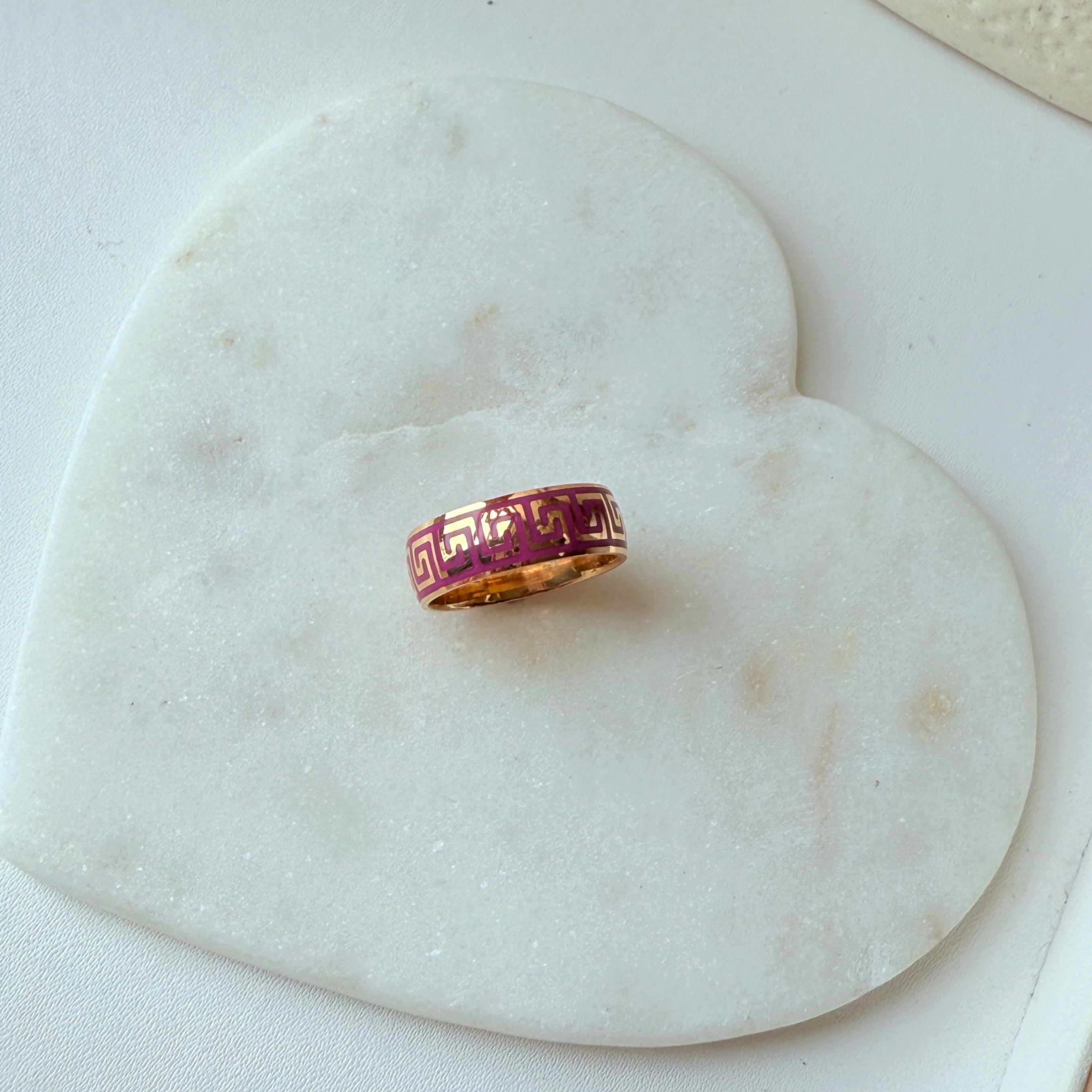 Magenta Enamel Greek Key Ring 5.72 Grams, 22KT Gold
