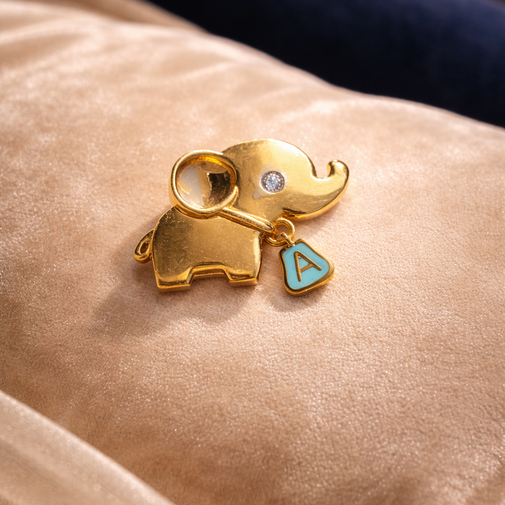 Luxury Gold Elephant Charm Brooch with Initial 1.80 Grams, 18KT Gold