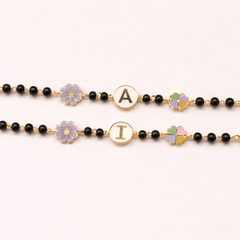 Personalised Black Bead Kids Bracelet with Initial & Floral Charms 4.10 Grams a Pair , 18KT Gold