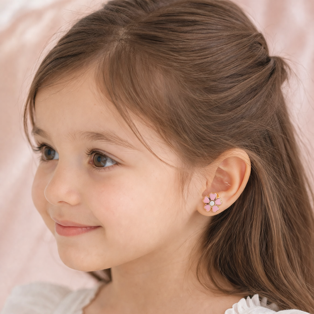 Blush Bloom Kids Earrings – Soft Floral Gold Studs 1 Gram, 18KT Gold