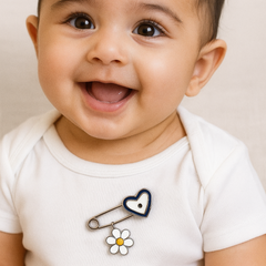 Tiny Heart & Daisy Baby Safety Pin 1.1 Grams, Silver