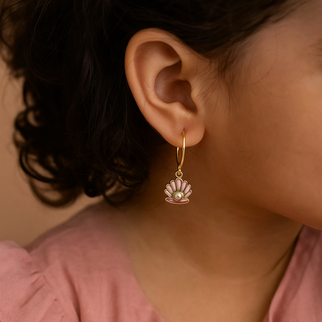 Shell Pearl Hoop Earrings 2 Grams, 18KT Gold