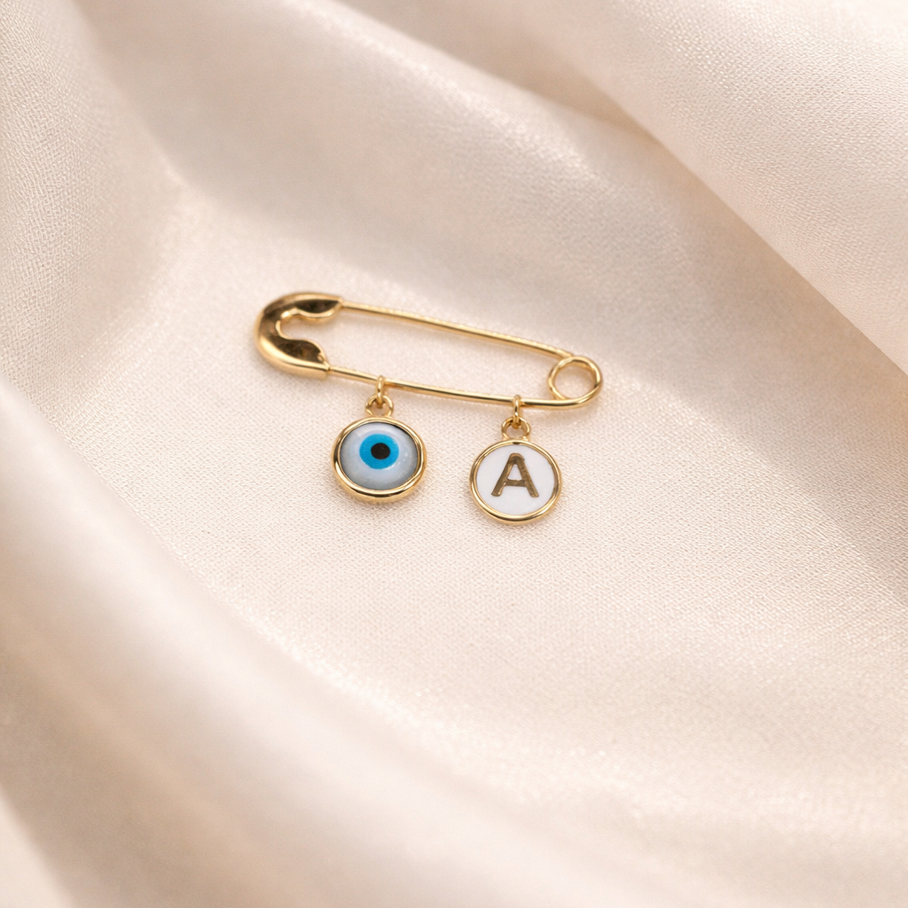 Custom Initial Evil Eye Pin – Delicate Gold Protection Charm 2 Grams, 18KT Gold