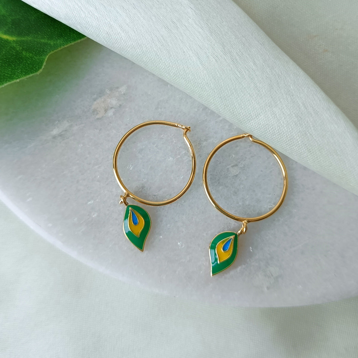 Peacock Leaf Loops Earrings 2 Grams, 18KT Gold