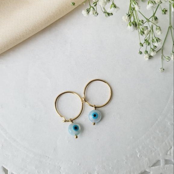 Tiny Evil Eye Hoops 1.5 Grams, 18KT Gold