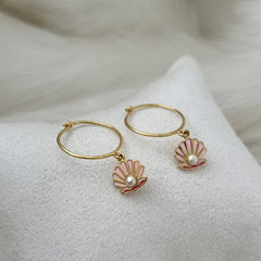 Shell Pearl Hoop Earrings 2 Grams, 18KT Gold