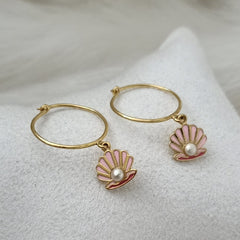 Shell Pearl Hoop Earrings 2 Grams, 18KT Gold