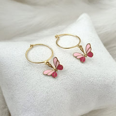 Pink Butterfly Hoop Earrings 2 Grams, 18KT Gold